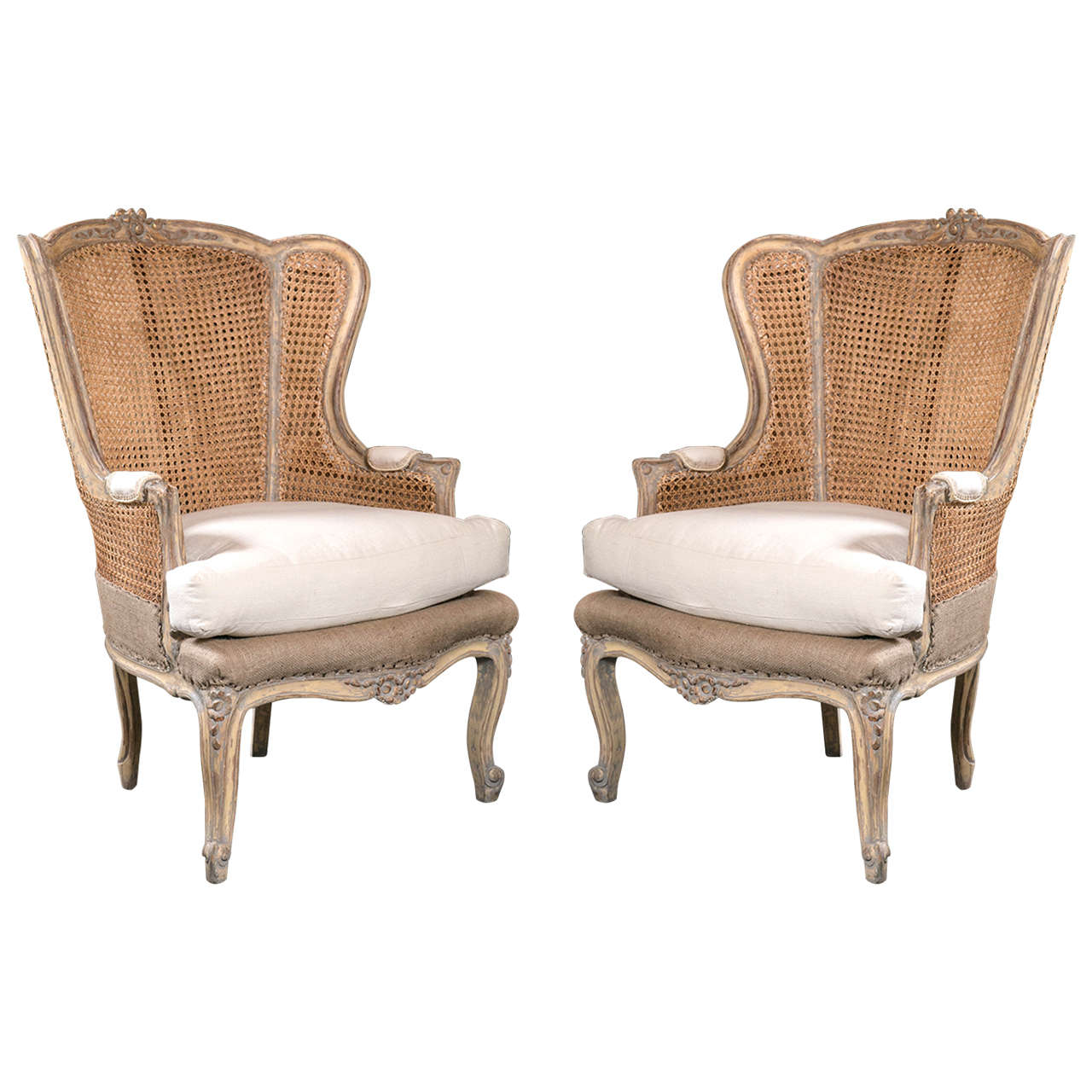 Pair of French Louis XV Style Wingback Caned Bergère Chairs
