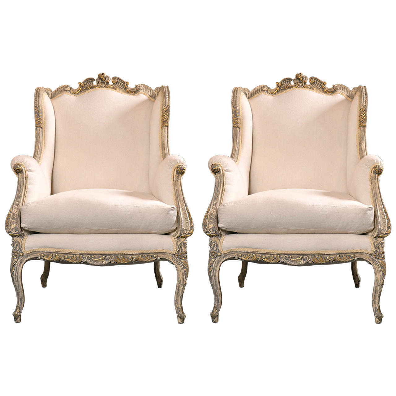 Pair of French Rococo Style Wingback Bergère Chairs