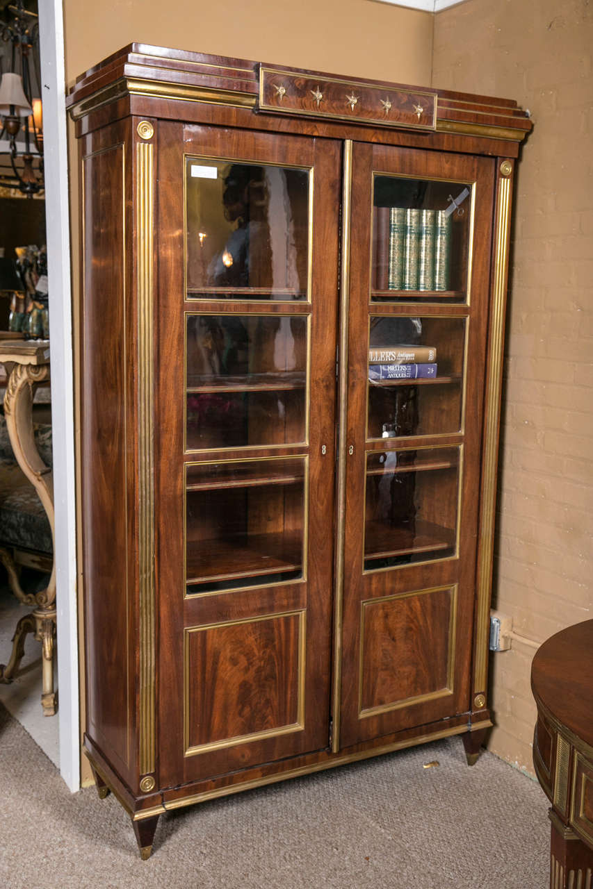 A spectacular antique, early 19th century, Russian neoclassical bookcase, the molded cornice with stepped top and ormolu banded frieze, atop a conforming cabinet fitted with two glaze-panel doors and shelving interior, flanked to either side by