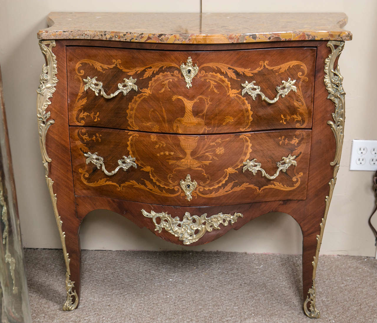 Louis XV Pair of Marble-Top Bombe Commodes