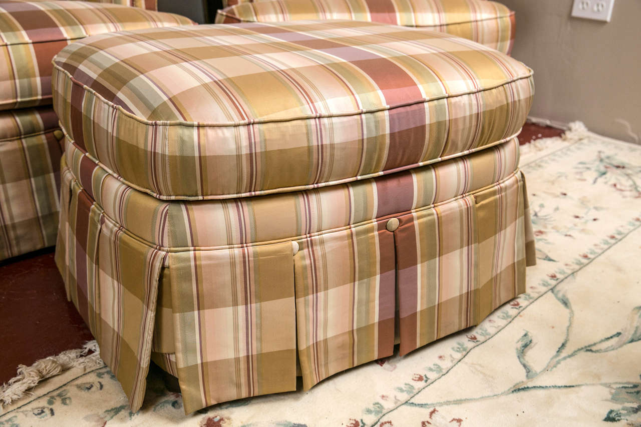 Pair of Custom Quality Silk Upholstered Plaid Club Chairs and Ottoman
