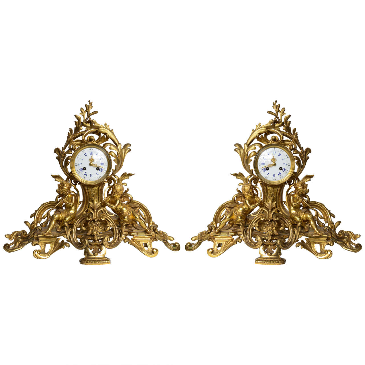 Pair of French Louis XV Mantel Clocks with Putti, 19th Century For Sale
