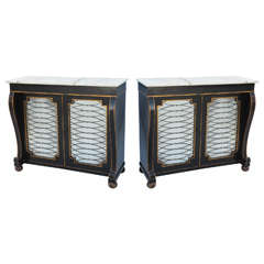 Vintage Pair of Italian Lacquer Credenzas with Grill Front Mirror Doors and Marble Top