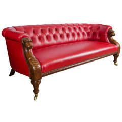 Antique Mid-19th Century Walnut Red Leather Club Sofa