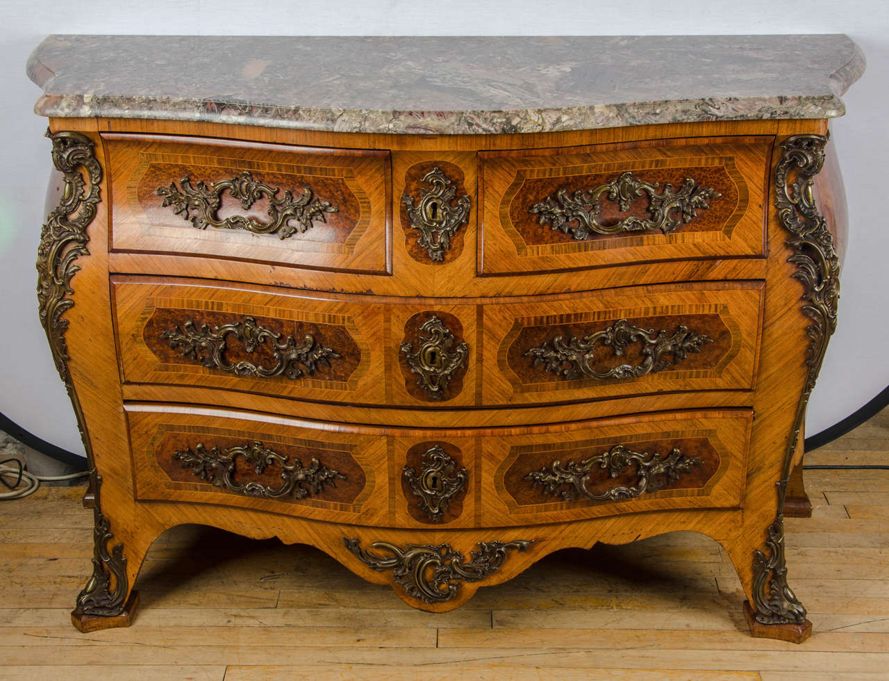 French Louis XV Style Bombe Front, Marble-Top Commode