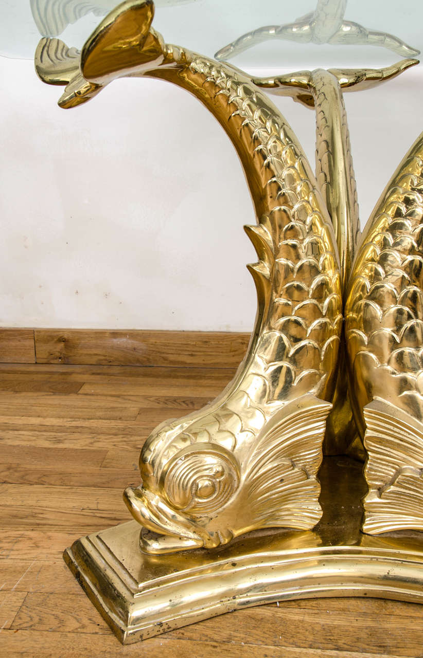 20th Century Cast Brass and Glass Dolphin Dining Table For Sale