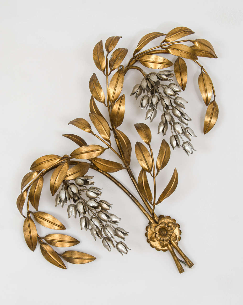 Stunning metal flower wall lights in two parts.
Large double spray with two-light fittings and smaller single spray of flowers with one light fitting.
Gilded gold metal leaves and silver trumpet shaped flowers.