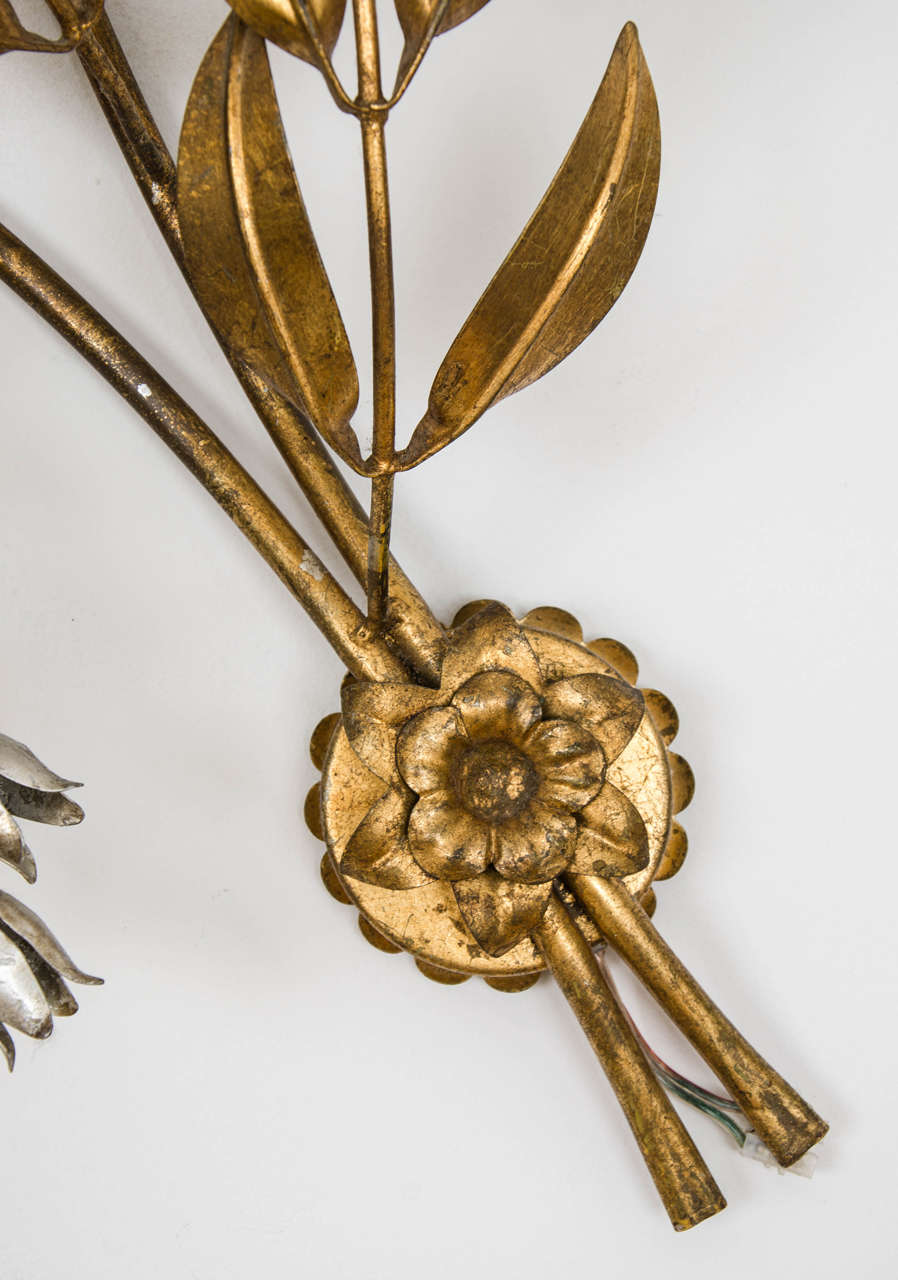 20th Century Gilded Metal Flower Wall Lights For Sale