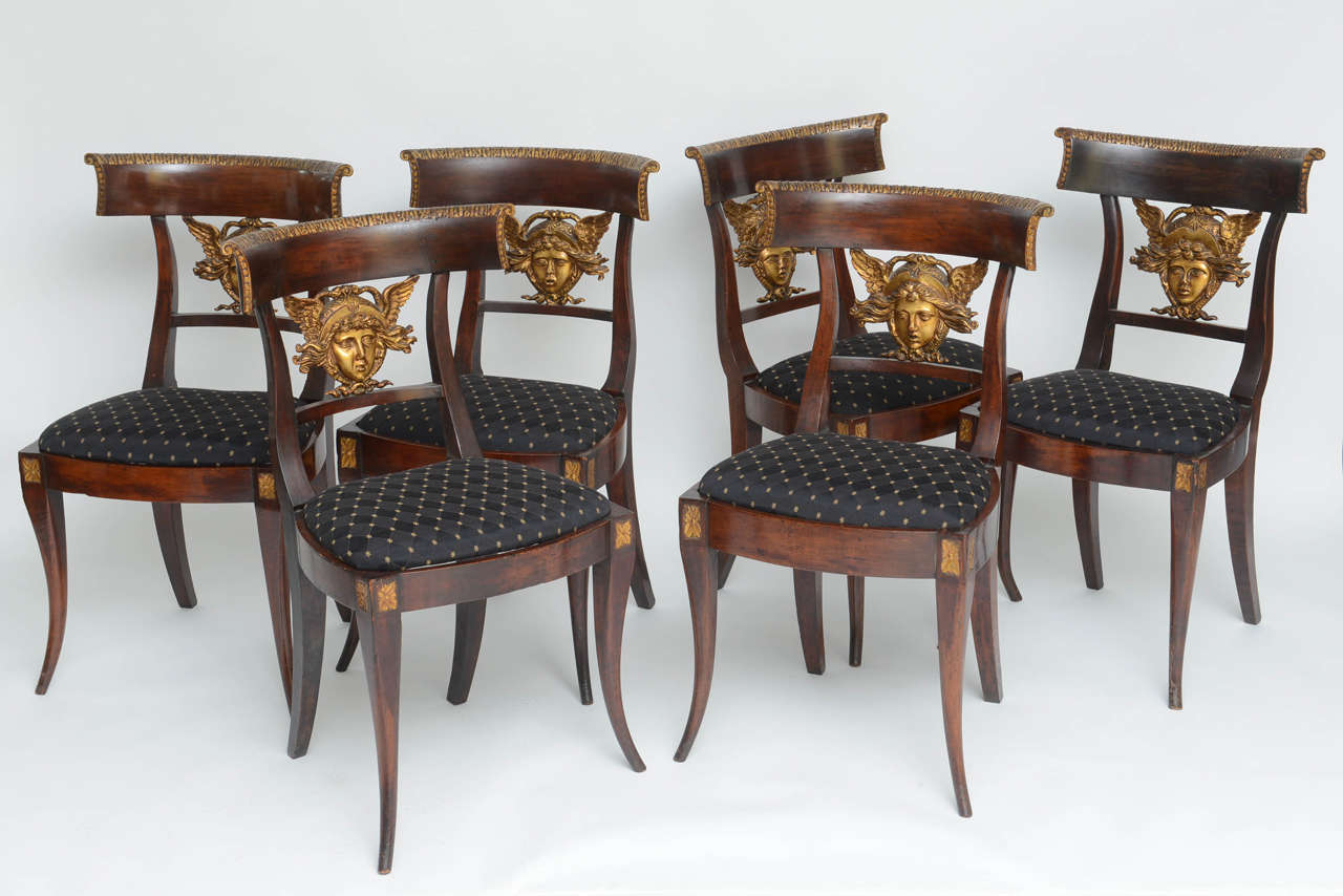 Set of Six Italian Neoclassical Klismos Medusa Head Side Chairs, circa 1810-1820 2