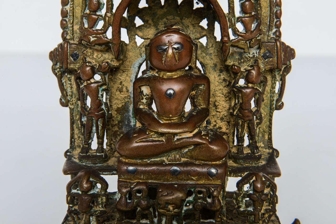 Cast 15th Century Bronze Jain Silver-Inlaid Altarpiece, Northwest India For Sale
