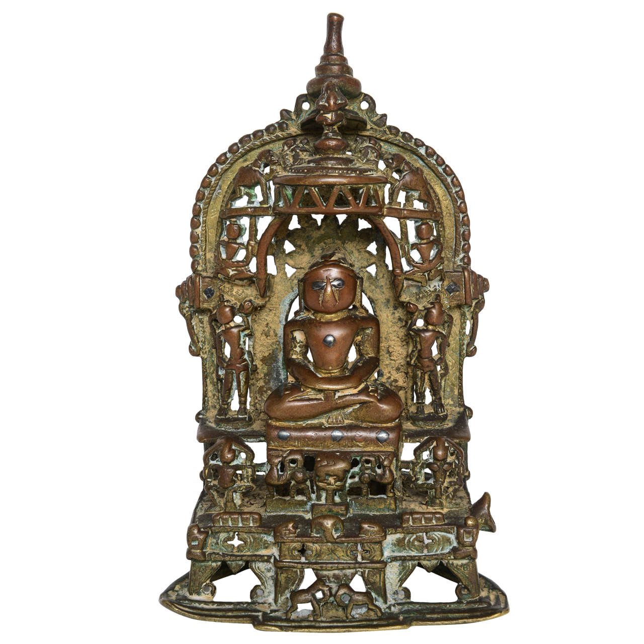 15th Century Bronze Jain Silver-Inlaid Altarpiece, Northwest India For Sale
