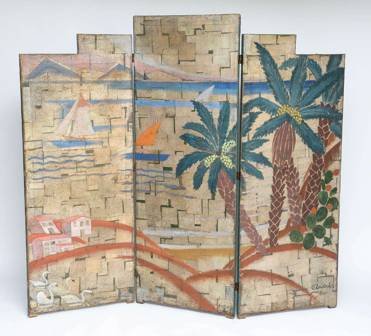 Gaston André (1884-1970) was a French muralist and painter specializing in animals and landscapes for theaters, cinemas and hotels. This visually striking three-panel folding screen decorated with oil paint and gold leaf depicts the French Riviera