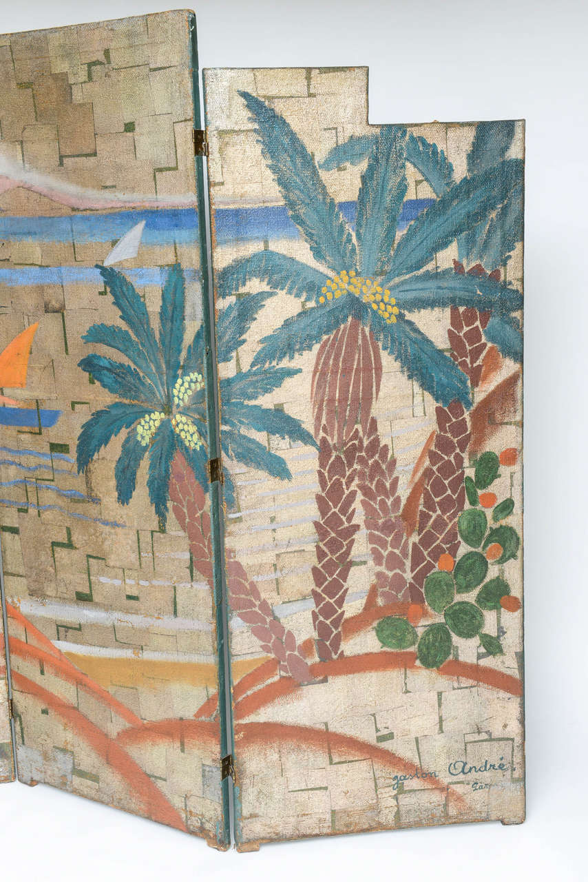 French Art Deco Painted Folding Screen with Palm Trees by Gaston André, Paris 1930s