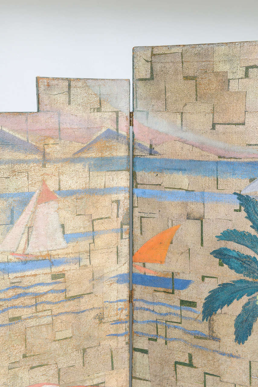 Art Deco Painted Folding Screen with Palm Trees by Gaston André, Paris 1930s In Excellent Condition In Kensington, MD