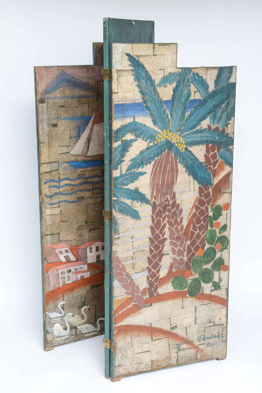 Art Deco Painted Folding Screen with Palm Trees by Gaston André, Paris 1930s 1