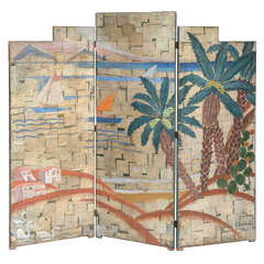 Art Deco Painted Folding Screen with Palm Trees by Gaston André, Paris 1930s