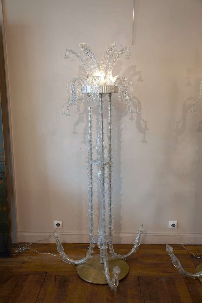 Pair of floor lamps, Murano glass, attributed to Barovier,patinated gilt metal basement, several lightings on the top, newly electrified three engraved glass legs.