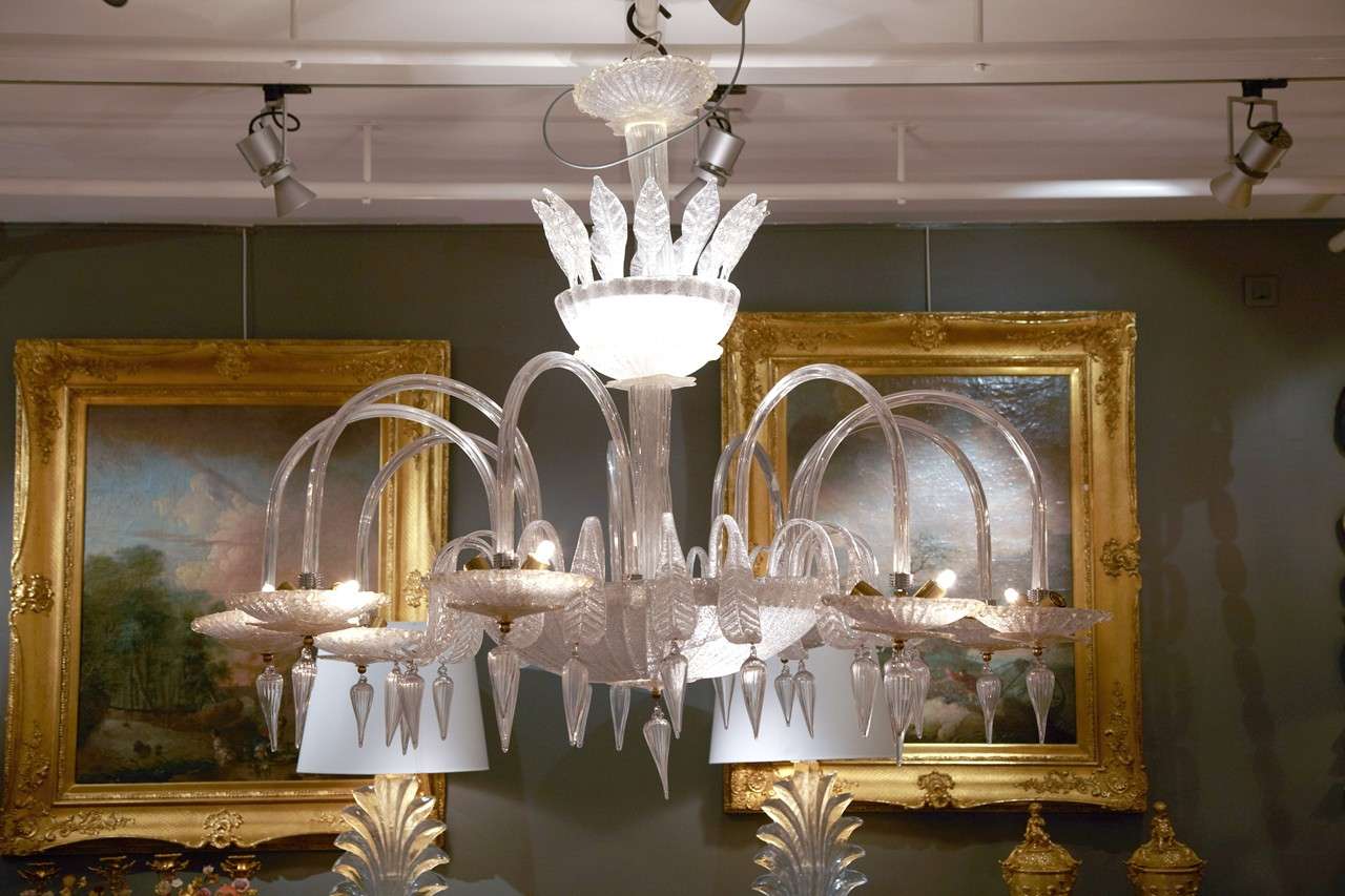 Pair of chandeliers, 9 arms each with two lights, inside light in the bowl, engraved glass, drops, newly electrified