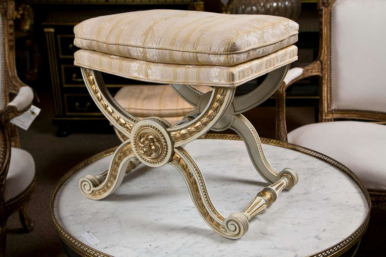French Pair of Hollywood Regency Style X-Base Benches