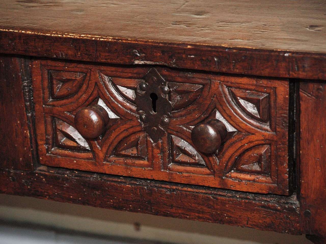 18th Century and Earlier Late Renaissance Carved Walnut Table with Drawers