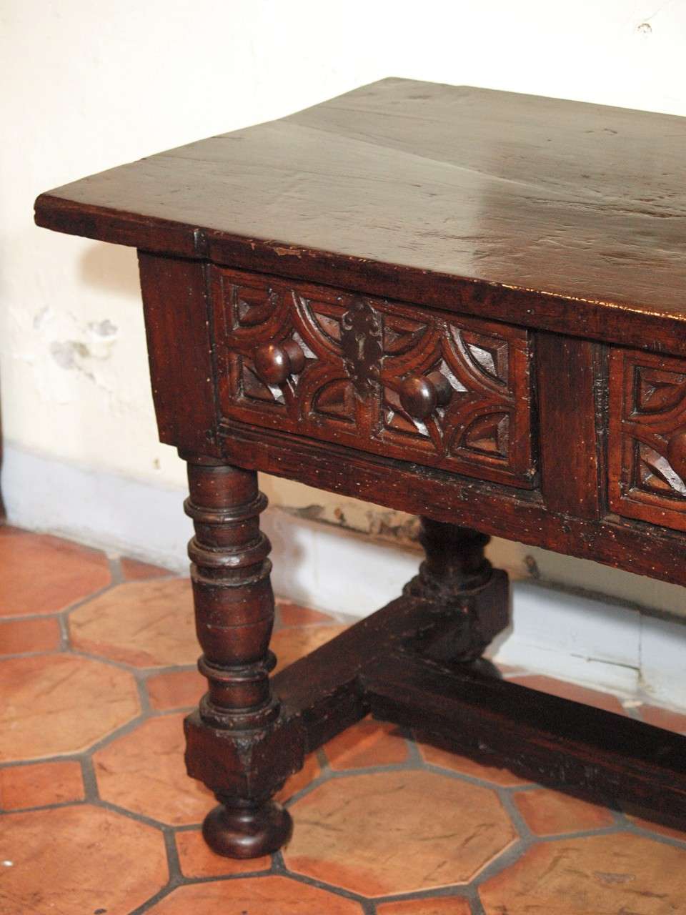 Wood Late Renaissance Carved Walnut Table with Drawers