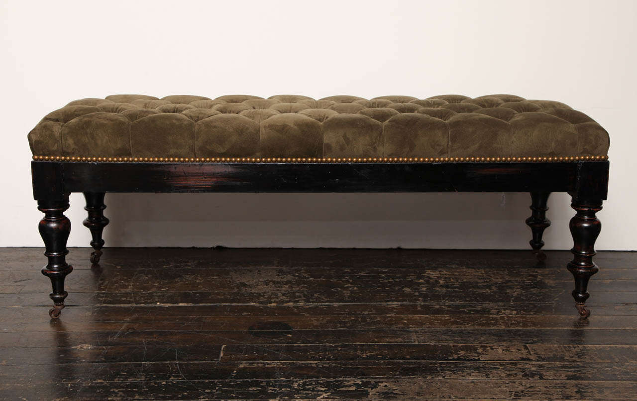 Late 19th Century English, Black Lacquer and Tufted Suede Bench
