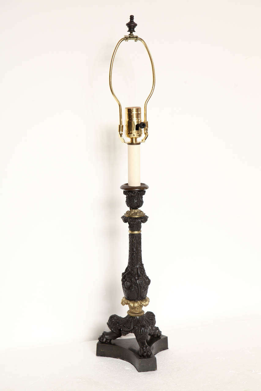 19th Century French, Bronze Candlestick Converted to a Lamp In Good Condition For Sale In New York, NY