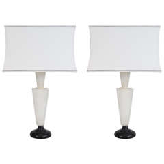 A Mid Century Pair of Alabaster Table Lamps on Marble Bases