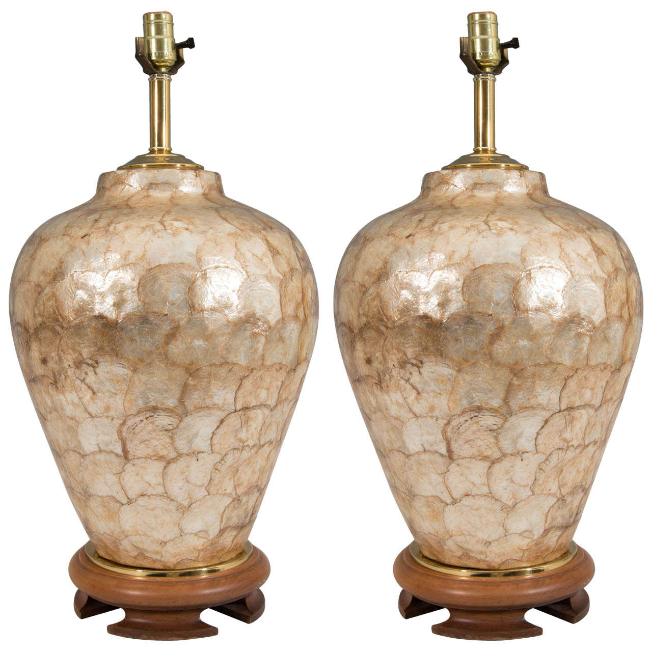  Gorgeous Pair of Decorater Capiz Shell Table Lamps on Teak Bases For Sale
