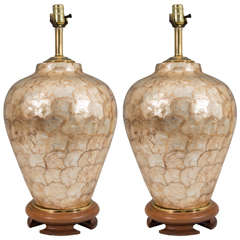 Vintage  Gorgeous Pair of Decorater Capiz Shell Table Lamps on Teak Bases