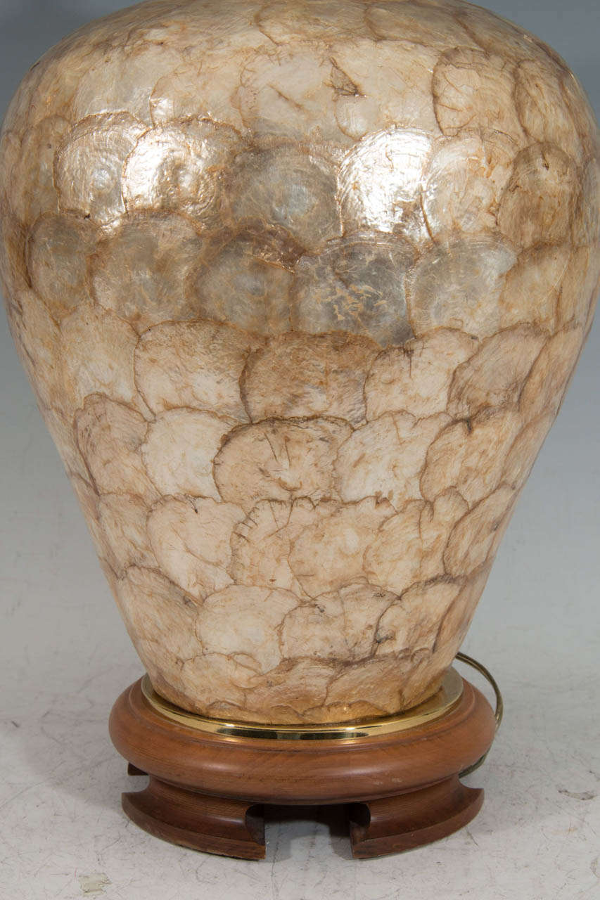 Gorgeous Pair of Decorater Capiz Shell Table Lamps on Teak Bases For Sale 1