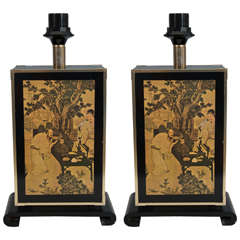 Vintage A Mid Century Pair of Decorative Table Lamps with Japanese Scene