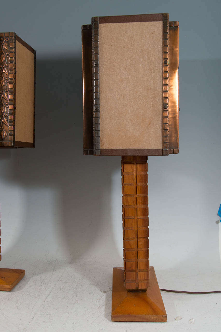 A Mid Century Pair of Enameled & Copper Table Lamps by Albert Gilles 1