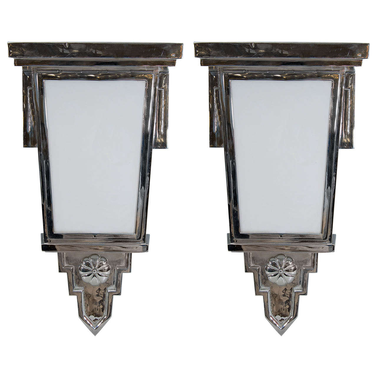  Exceptional Art Deco Pair of Nickled Bronze Wall Sconces For Sale