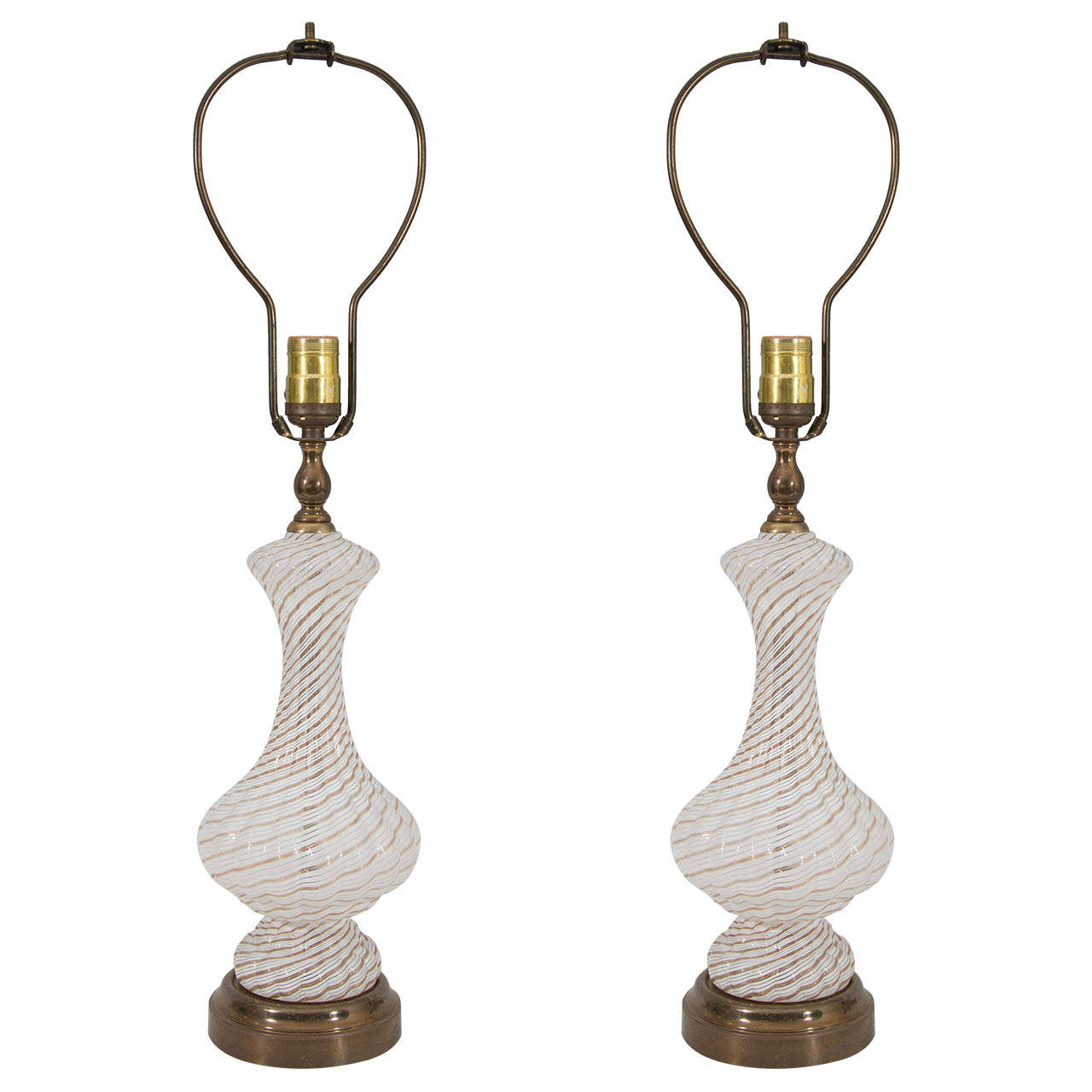 Mid Century Pair of Murano Latticino Glass Table Lamps