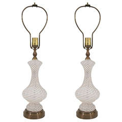 Mid Century Pair of Murano Latticino Glass Table Lamps