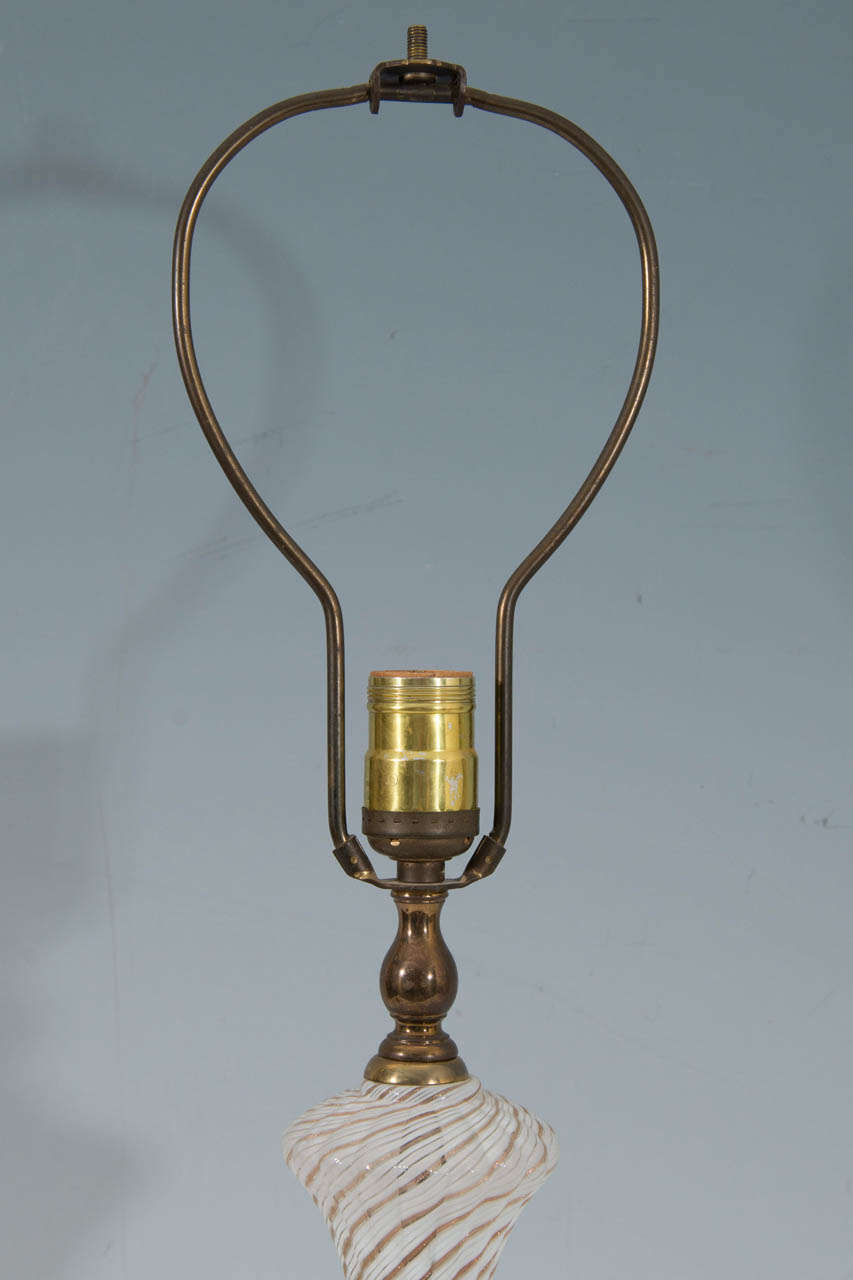 Brass Mid Century Pair of Murano Latticino Glass Table Lamps