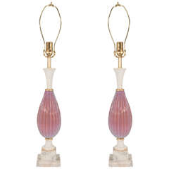 A Mid Century Pair of Pink Murano and Marble Table Lamps