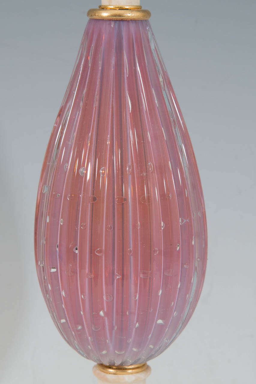 Italian A Mid Century Pair of Pink Murano and Marble Table Lamps