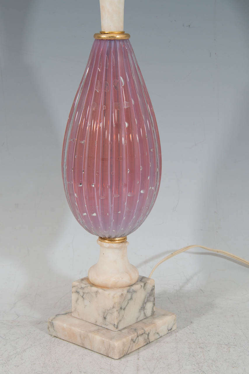 20th Century A Mid Century Pair of Pink Murano and Marble Table Lamps