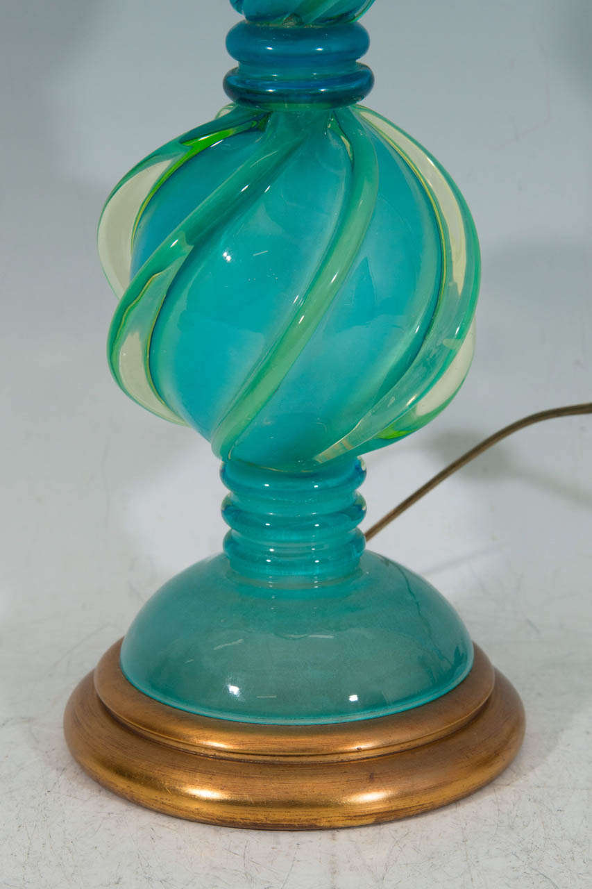 Mid-Century Modern Midcentury Pair of Aqua Colored Murano Glass Table Lamps by Marbro Lamp Co.