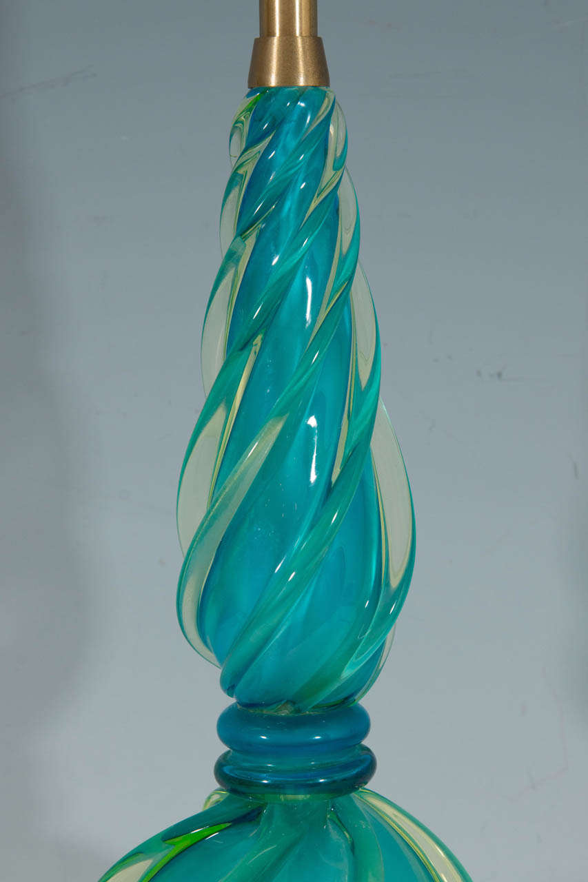 Midcentury Pair of Aqua Colored Murano Glass Table Lamps by Marbro Lamp Co. In Good Condition In New York, NY