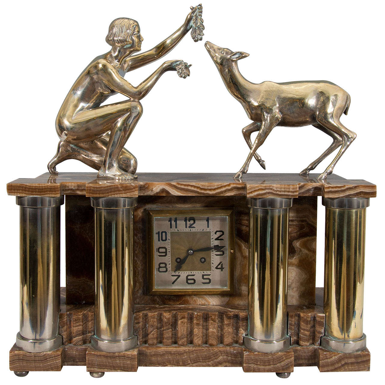 Stupendous Art Deco Bronze & Onyx Clock For Sale
