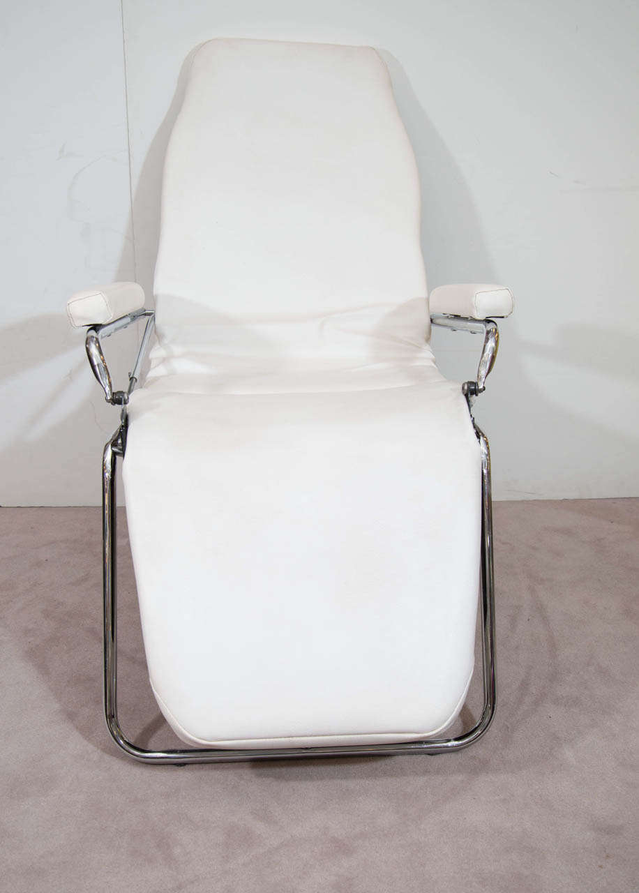Mid-Century Modern Mid-Century French White Faux Leather and Chrome Recliner by LAMA