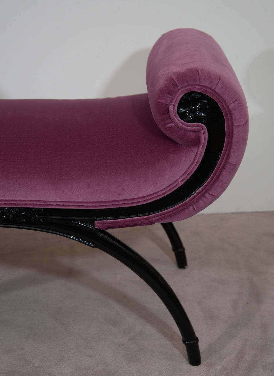 Mid-Century Modern A Hollywood Regency Ebonized Wood Bench w/Orchid Velvet Upholstery