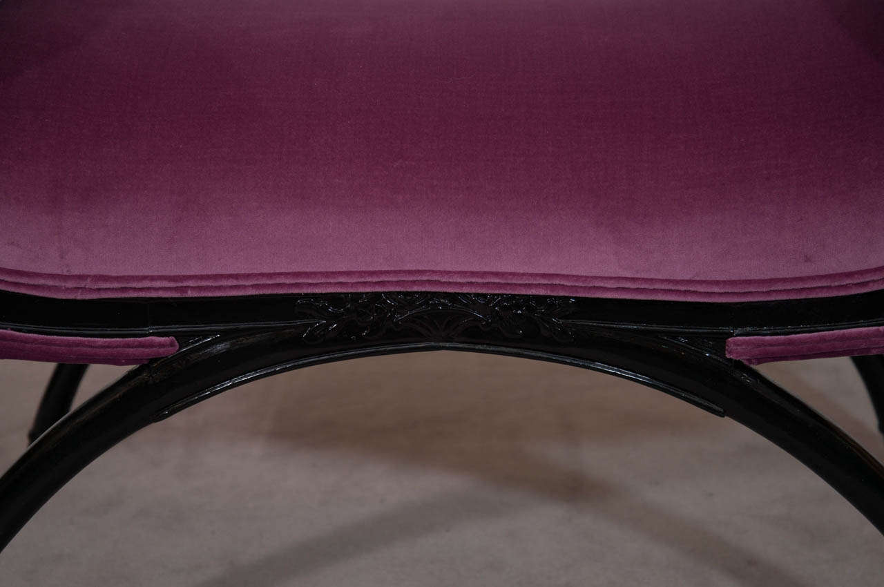 American A Hollywood Regency Ebonized Wood Bench w/Orchid Velvet Upholstery