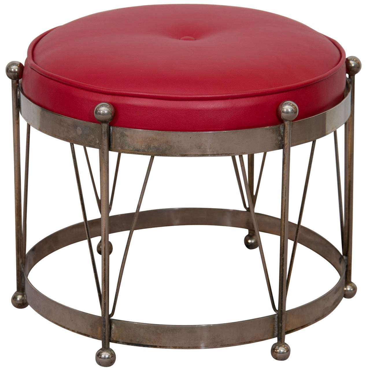 A Mid Century Chrome Drum Bench With Red Leather Upholstery