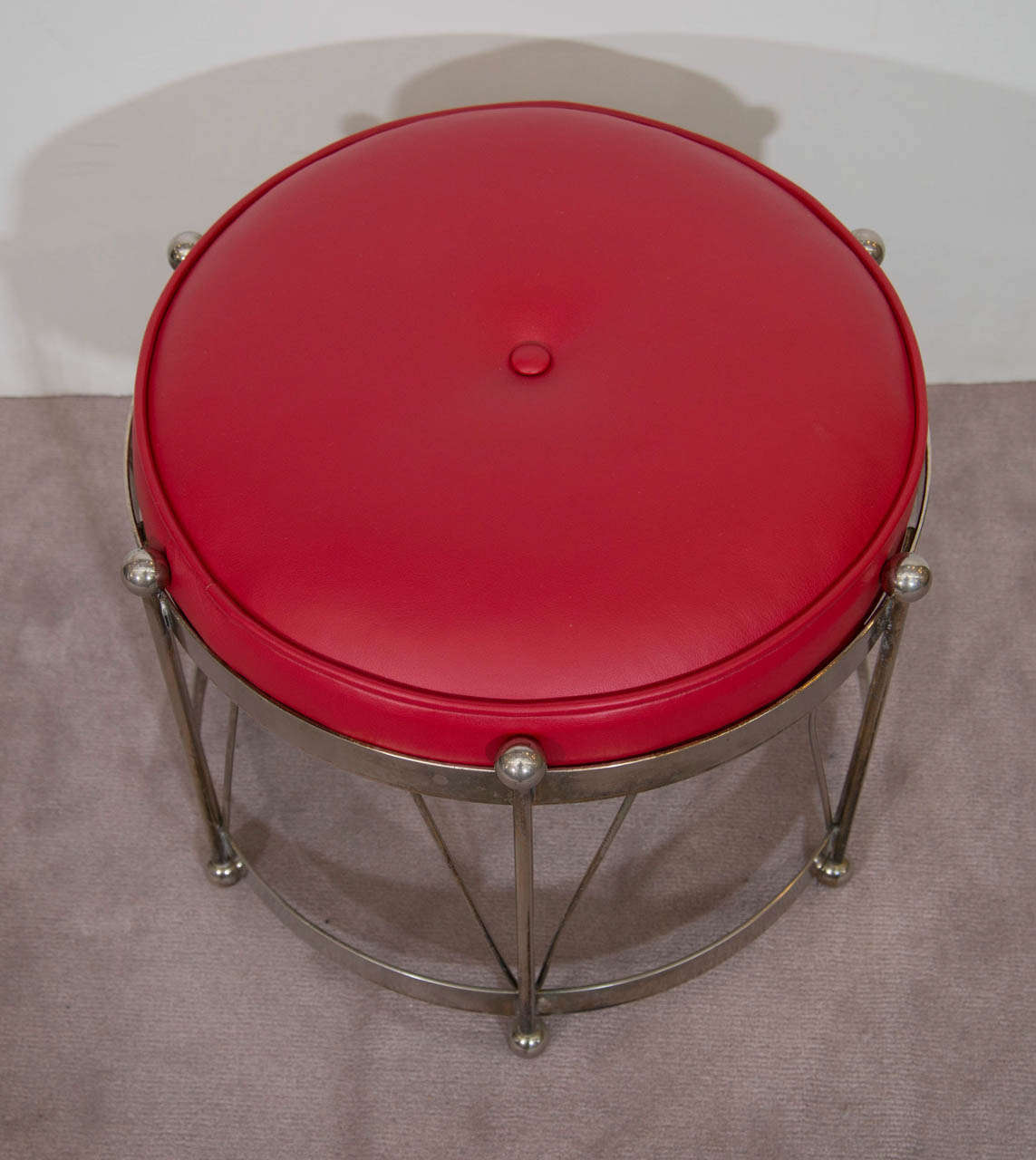 20th Century A Mid Century Chrome Drum Bench With Red Leather Upholstery