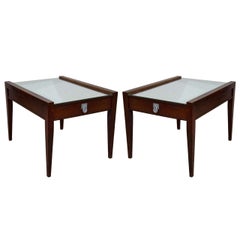 Mid Century Pair of End Tables or Night Stands in Wood w/Mirrored Tops