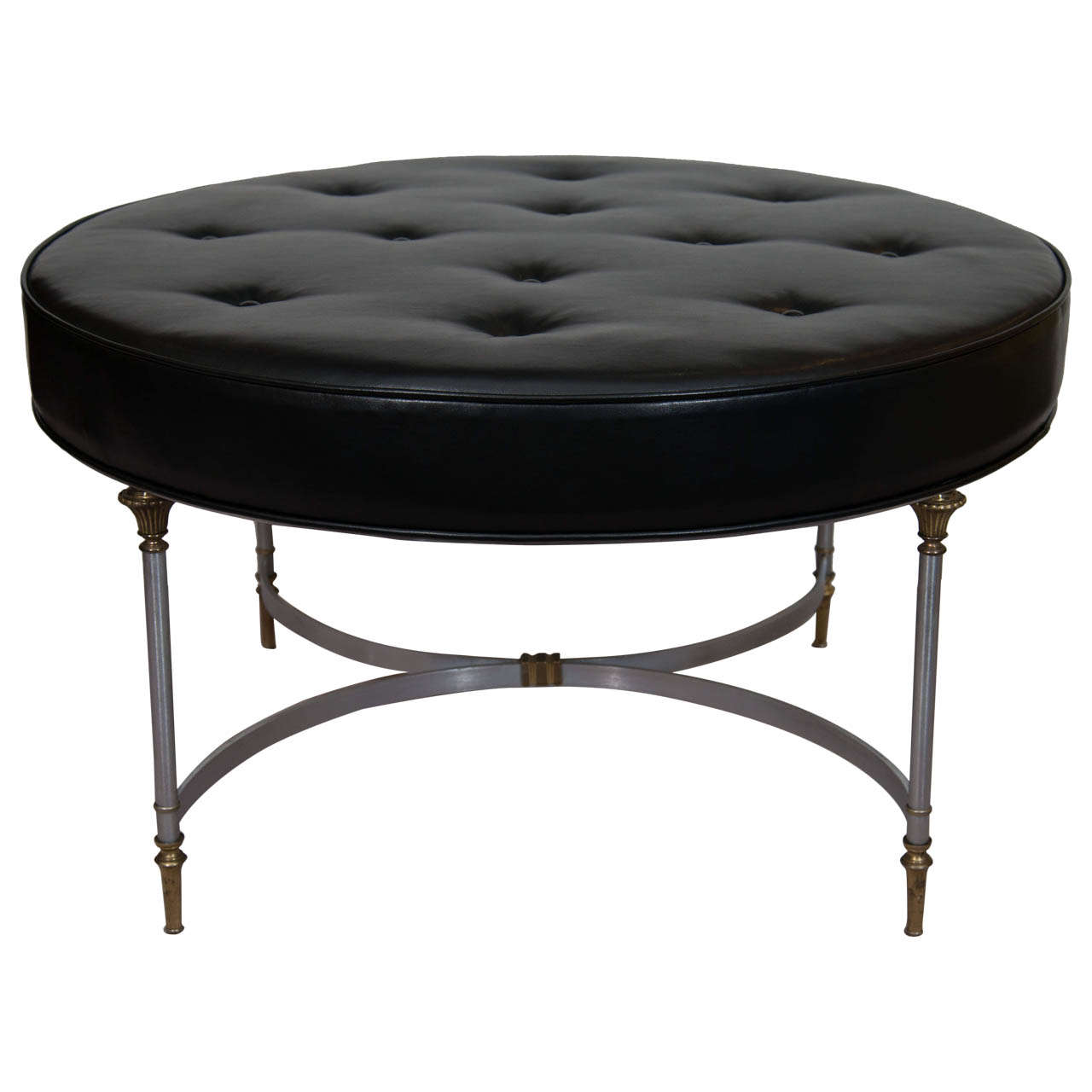 A Mid Century Maison Jansen Black Leather Circular Ottoman